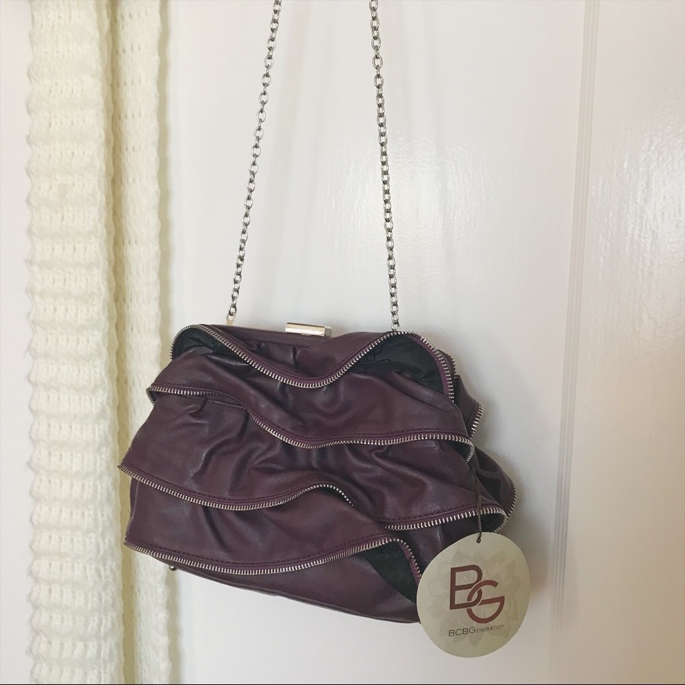 Sassy BCGB plum leather clutch purse chain strap